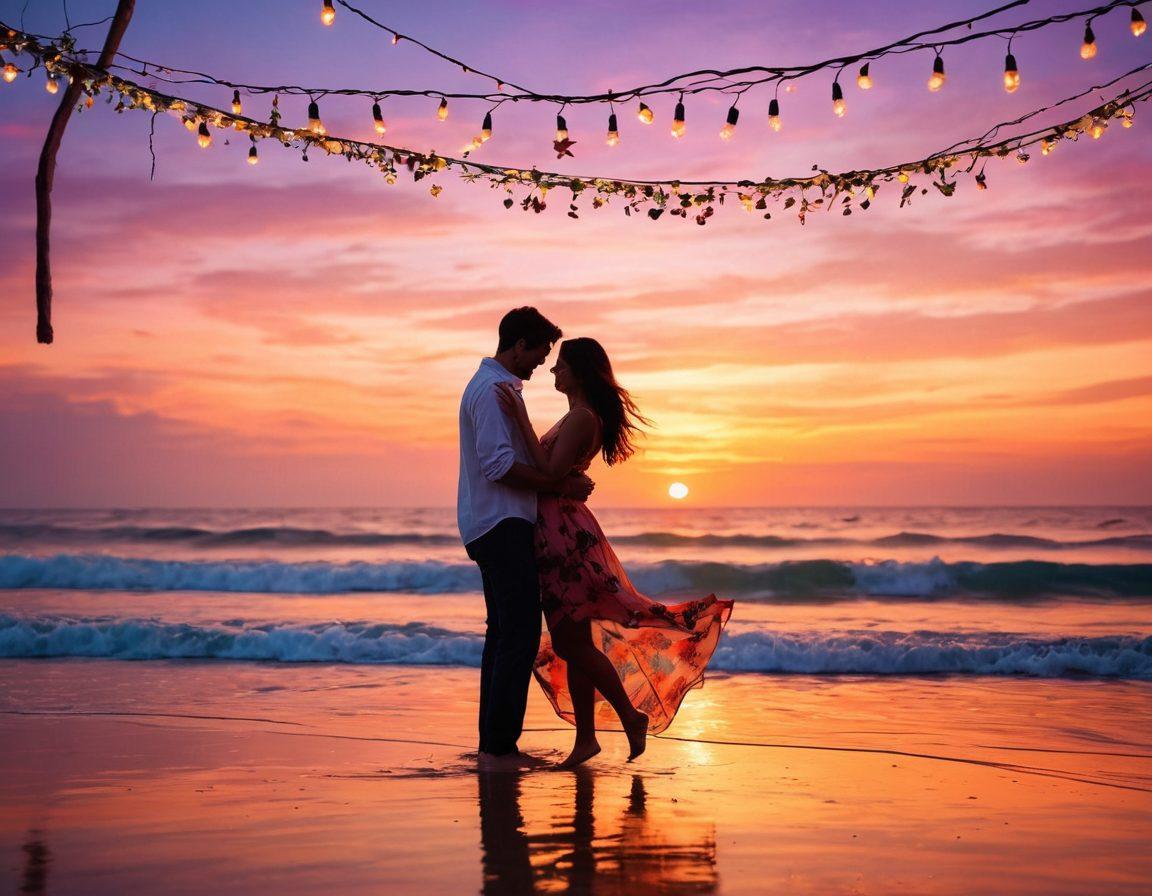 A whimsical sunset scene showcasing a sensual beach party, with silhouettes of playful couples laughing and dancing under colorful strings of fairy lights. The soft waves lapping at the shore reflect the warm hues of twilight, creating an inviting atmosphere. Flower petals float in the air as a gentle breeze swirls, enhancing the lighthearted mood. The overall aesthetic is playful and romantic with soft focus. vibrant colors. painterly style.