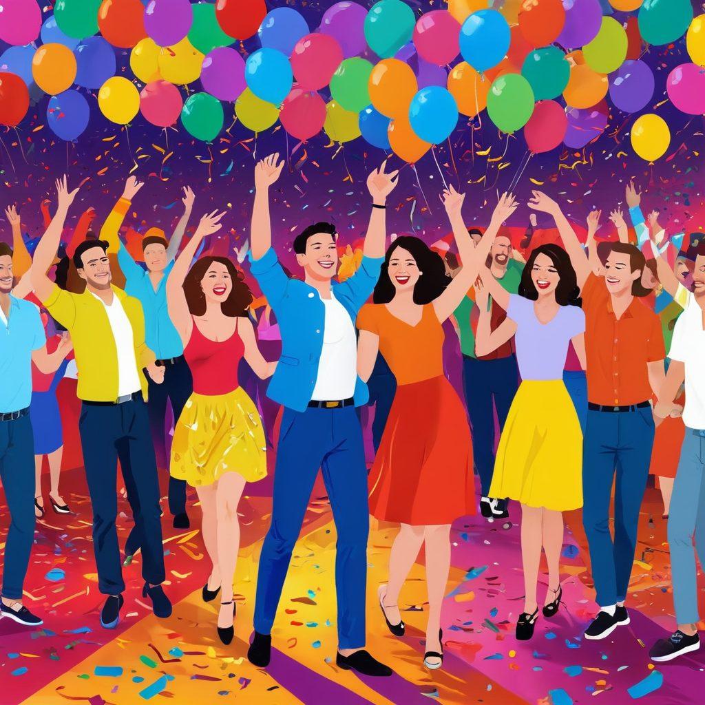 A colorful and inviting scene depicting playful adults enjoying various joyful activities, such as dancing, laughter, and games, with a backdrop of a lively party atmosphere. Incorporate elements of freedom and happiness, like confetti and balloons, to represent the delights of adult entertainment. Use warm and vibrant colors to convey a sense of joy and celebration. The setting should be modern and chic, inviting the viewer into this blissful experience. vector art. vibrant colors. party atmosphere.